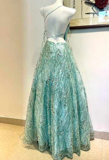 Niulatu Blue Spaghetti Strap A-Line Long Prom Dresses, Backless Formal Dresses HZ1026